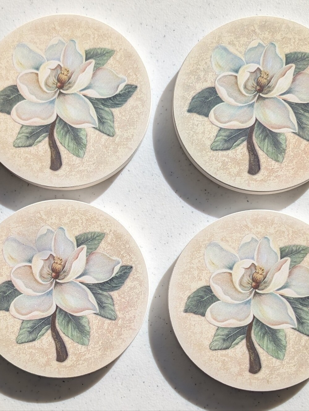 Set of 4 Magnolia Floral Stoneware Coasters With Corkback - Cream & Green